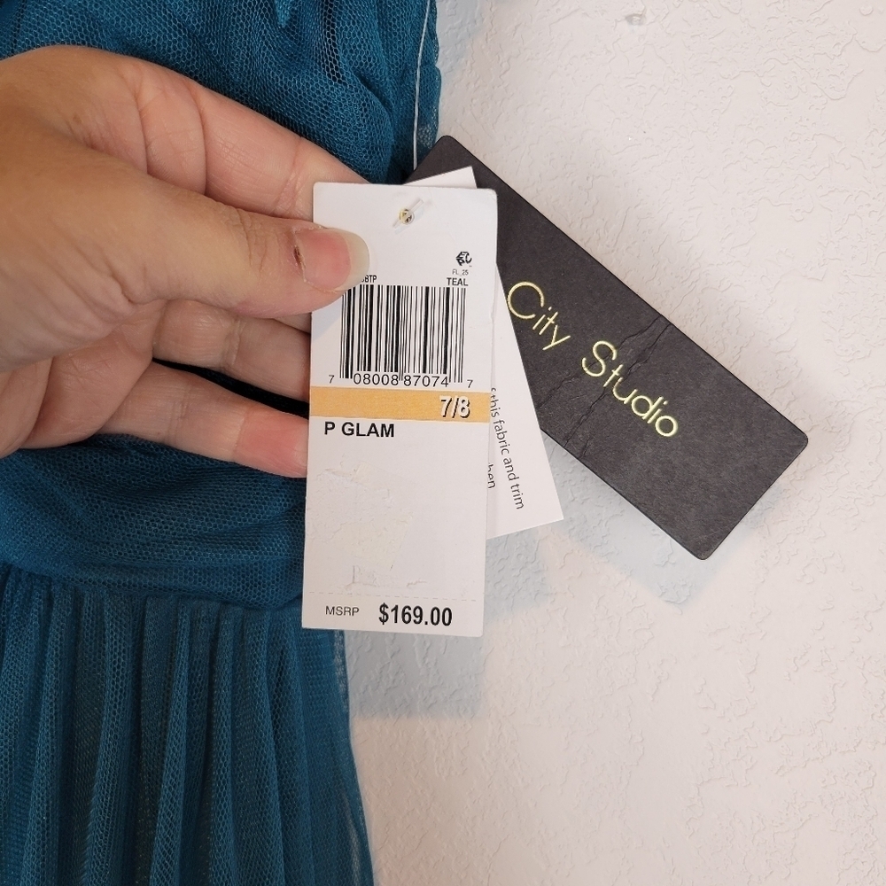 NWT City Studio Junior Ruffle-Neck Ruched Trim Gown in Teal Size 7/8 - Picture 8 of 9